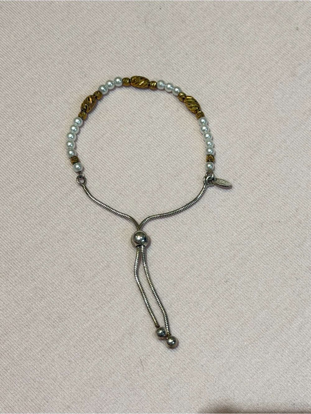 Dyadema Silver 925 Italy Delicate Gold & Pearl Beaded Adjustable Bracelet